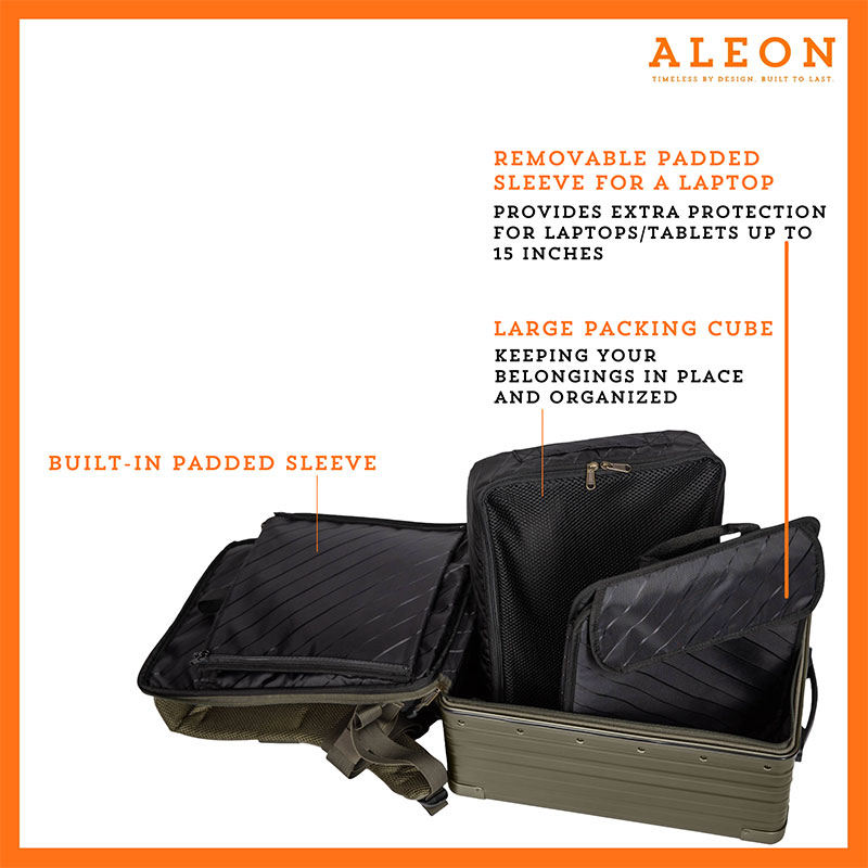 Backpack-BR-open-packing-cube Aleon backpack open with removable backing cube and laptop sleeve