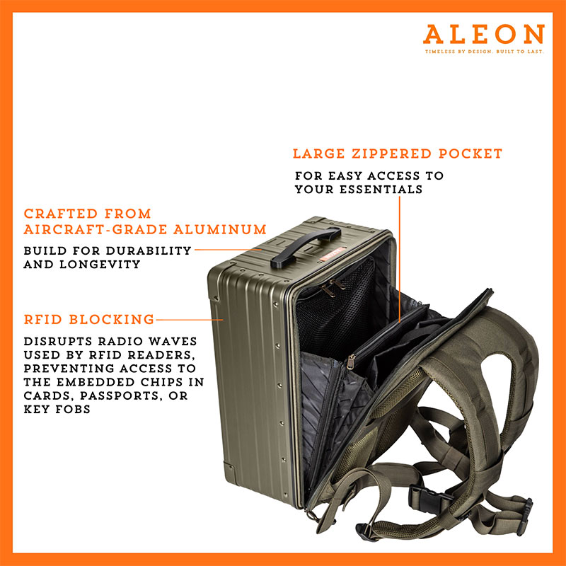 Backpack-BR-side-open Side open profile of Aleon backpack with zippered pocket