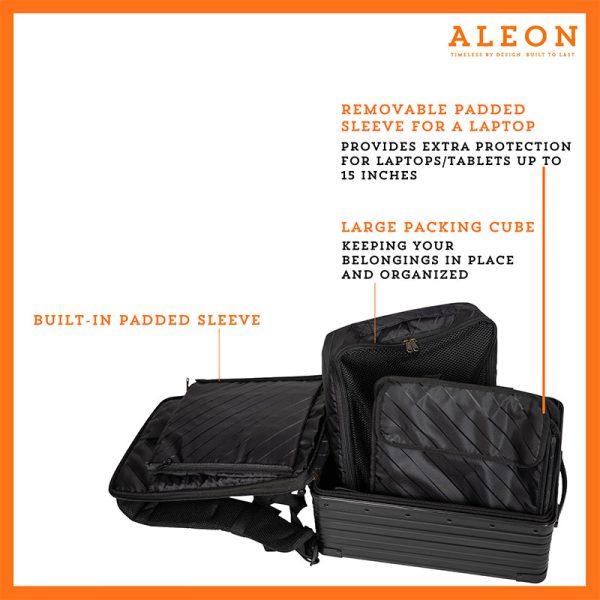 Onyx black Aleon backpack open with packing cube and removable laptop sleeve