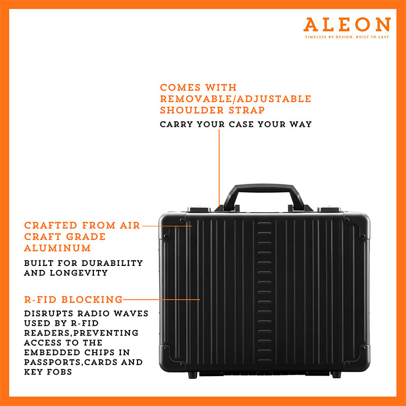 1519-Front-ON Front view of Aleon black onyx attache case made from aluminum with rfid blocking qualities