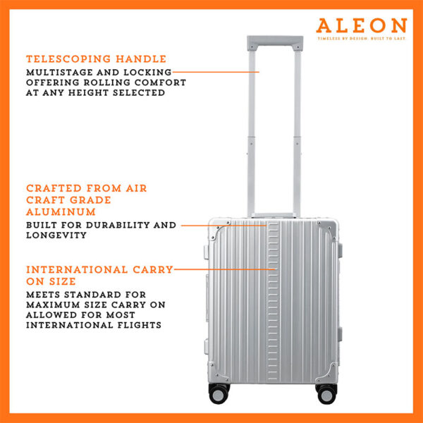 Front view of ALEON international carry on crafted from aluminum