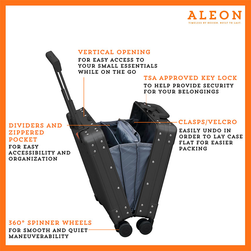 1655-open-on-(1) Open view of Aleon onyx black vertical opening personal case with spinner wheels and tsa lock