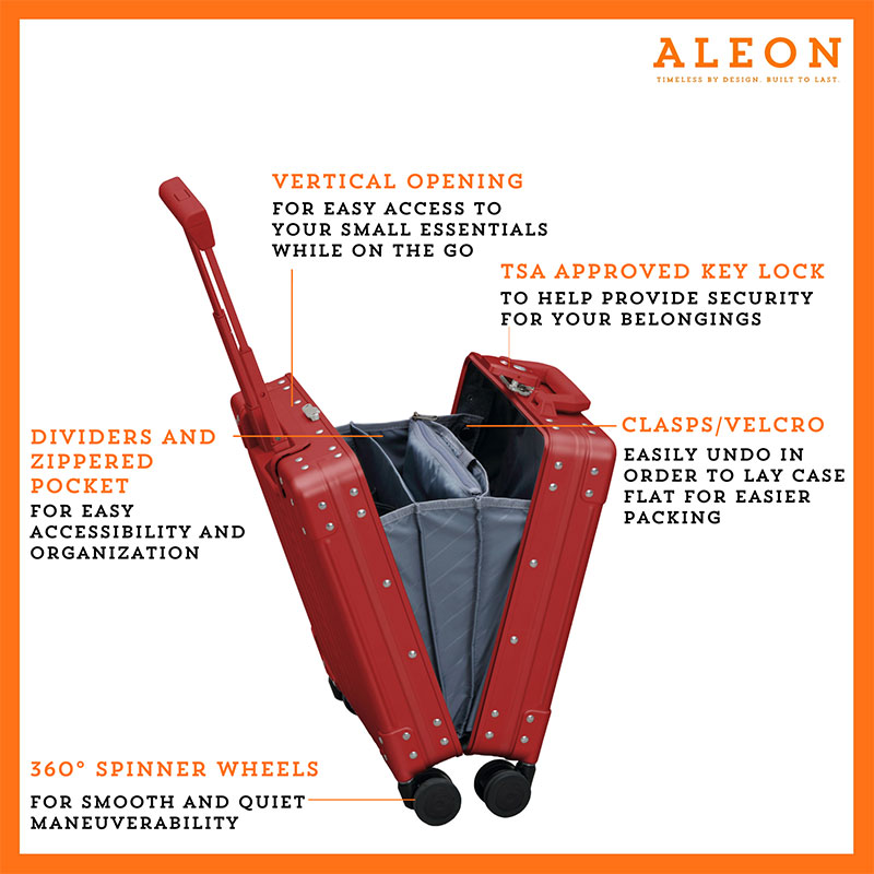 Open view of Aleon ruby red vertical opening personal case with spinner wheels and tsa lock