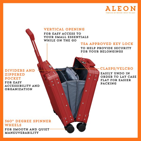 Aleon red rub vertical opening case with spinner wheels and dividers