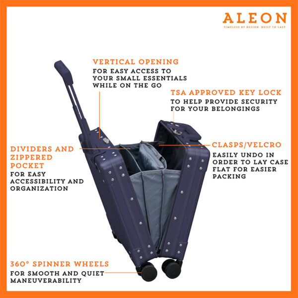 Open view of Aleon sapphire blue vertical opening personal case with spinner wheels and tsa lock