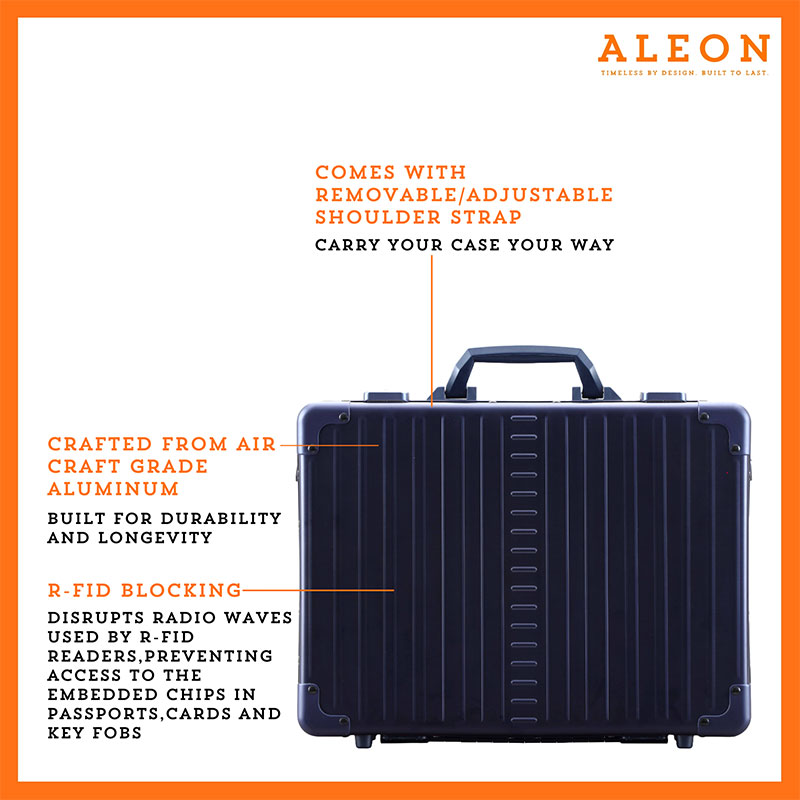 1719-Front-SA Front view of ALEON 17" attache crafted from aluminum with rfid blocking qualities