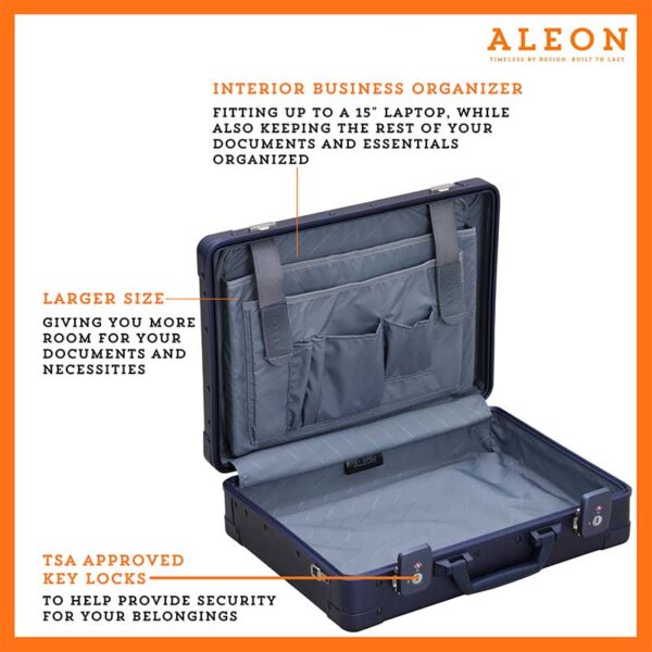 Open 17" blue attache with business organizer