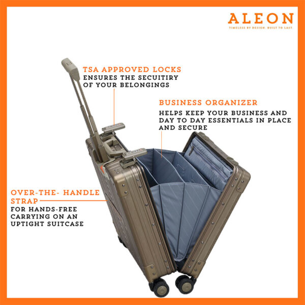 Vertical open bronze case with over the handle strap and internal business organizer