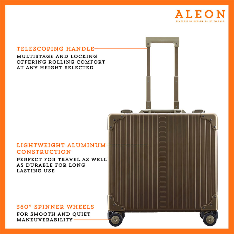 1764-bronze-front-(1) Bronze front view of Aleon vertical opening business case with telescoping handle, aluminum construction and spinner wheels