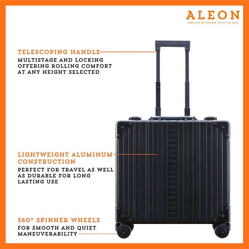 1837-onyx-front Front view of onyx black Aleon business case with telescoping handle, tsa approved locks and aluminum construction