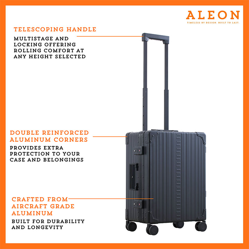Side view of Aleon black carry on crafted from aluminum