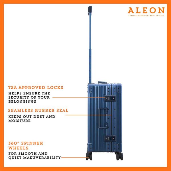 Detailed view of the ALEON Carry-On with Suiter’s TSA-approved locks, emphasizing its secure aluminum construction and travel-ready protection.