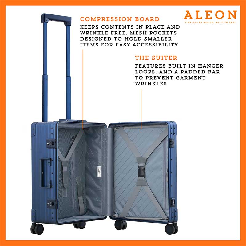 ALEON Carry-On with Suiter open to reveal a thoughtfully designed interior, featuring compression straps, a zippered divider, and a fold-out suiter for wrinkle-free garment storage.