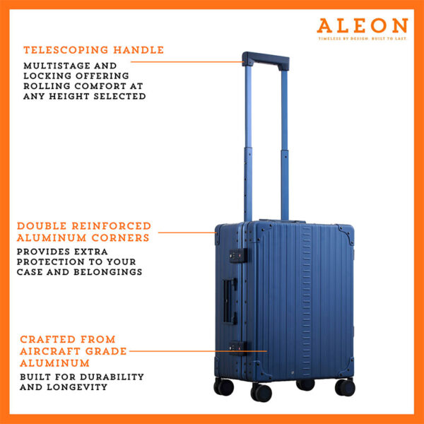 Side view of blue carry on with suiter crafted from aluminum