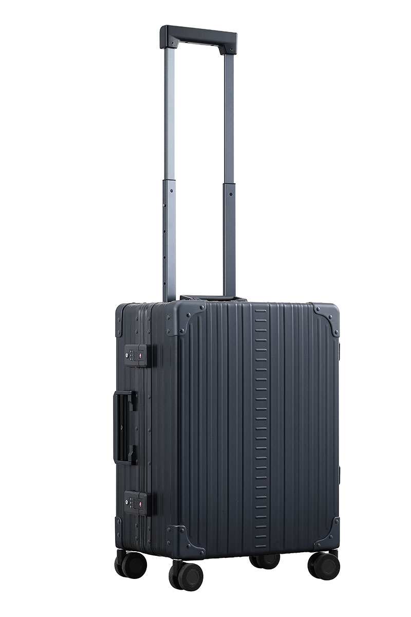 Black Onyx Aleon aluminum luggage angled side profile showcasing full case design