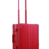 Ruby Red Aleon aluminum luggage angled side profile showcasing full case design