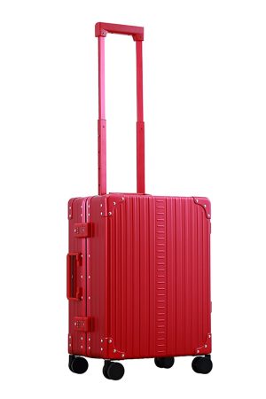 Ruby Red Aleon aluminum luggage angled side profile showcasing full case design