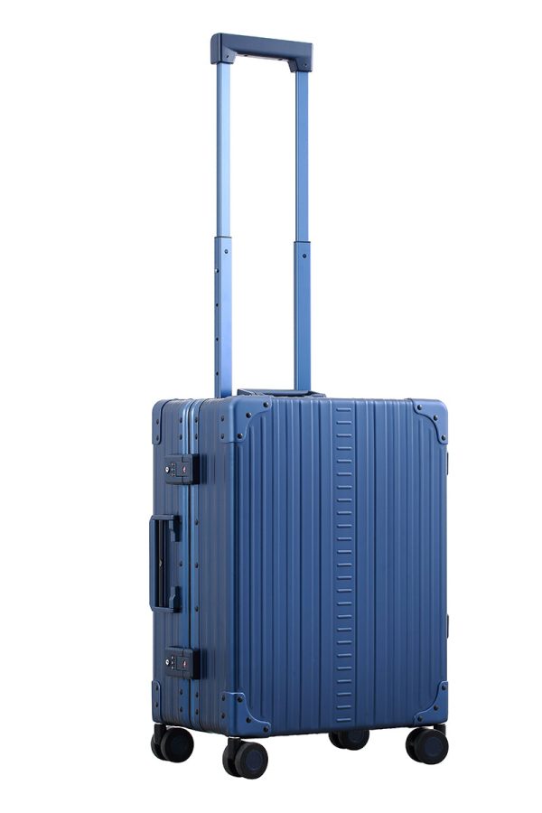 Sapphire Blue Aleon aluminum luggage angled side profile showcasing full case design