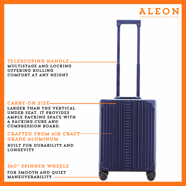 Front view of sapphire carry on crafted from aluminum