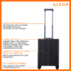 Front view of black vertical carry on with spinner wheels crafted from aluminum