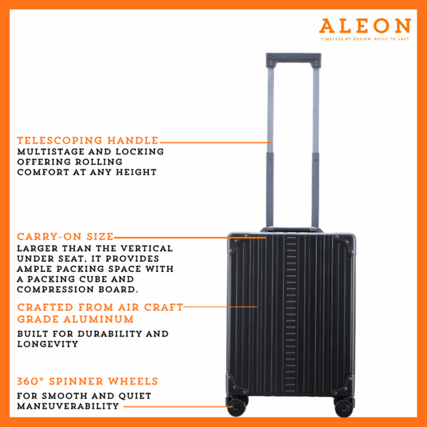 Front view of black vertical carry on with spinner wheels crafted from aluminum