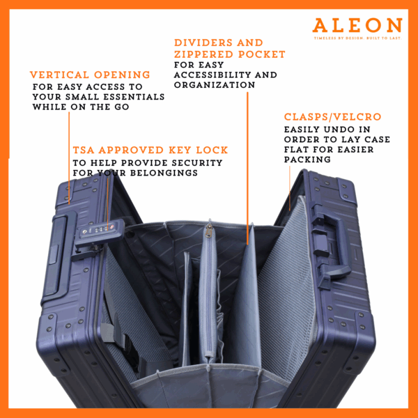 Close up of the ALEON vertical opening blue case with tsa approved locks and a compression board and packing cube