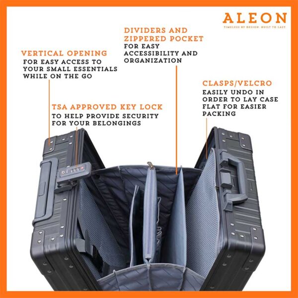 Open close up on the black vertical open Aleon carry on with TSA locks and dividers