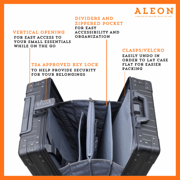 Close up of ALEON vertical carry on with compression board and packing cube