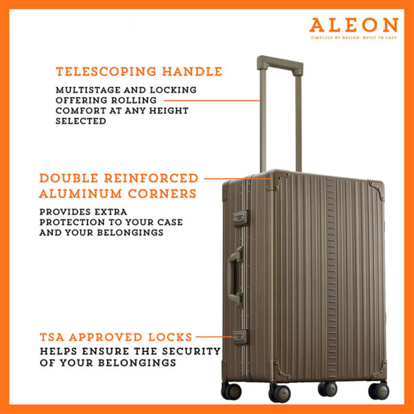 Side profile view of Aleon checked case with TSA approved locks