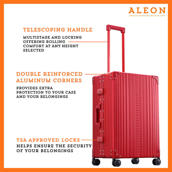 Front profile view of red Aleon checked with TSA approved locks