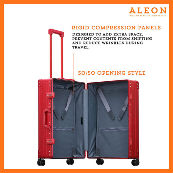 Open view of Aleon red ruby checked case with 50/50 opening style