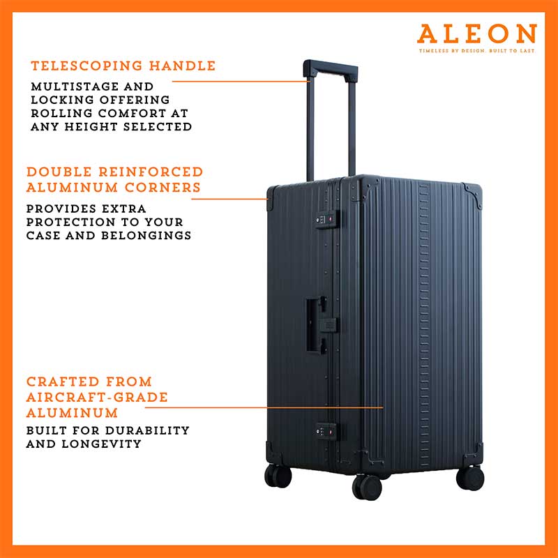 3019-ON-B075XZK3J4-side-(1) A close-up of the onyx suitcase’s high-density double quad wheels, designed for smooth 360-degree rotation. The aluminum side handle is visible, offering an alternative carrying option for convenience.