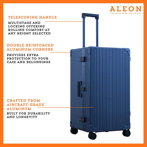 A close-up of the sapphire suitcase’s high-density double quad wheels, designed for smooth 360-degree rotation. The aluminum side handle is visible, offering an alternative carrying option for convenience.