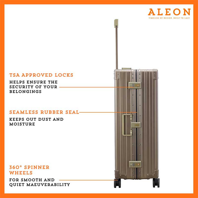 ALEON Macro Traveler Checked Case featuring sturdy, smooth-rolling spinner wheels and a telescoping handle, and TSA approved locks designed for effortless mobility.