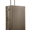 Bronze Aleon checked aluminum luggage angled side profile showcasing full case design.