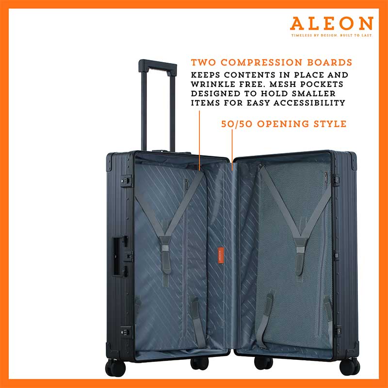 ALEON black onyx Macro Traveler Checked Case open to reveal organized interior with compression straps and a zippered divider, ensuring secure storage for travel essentials