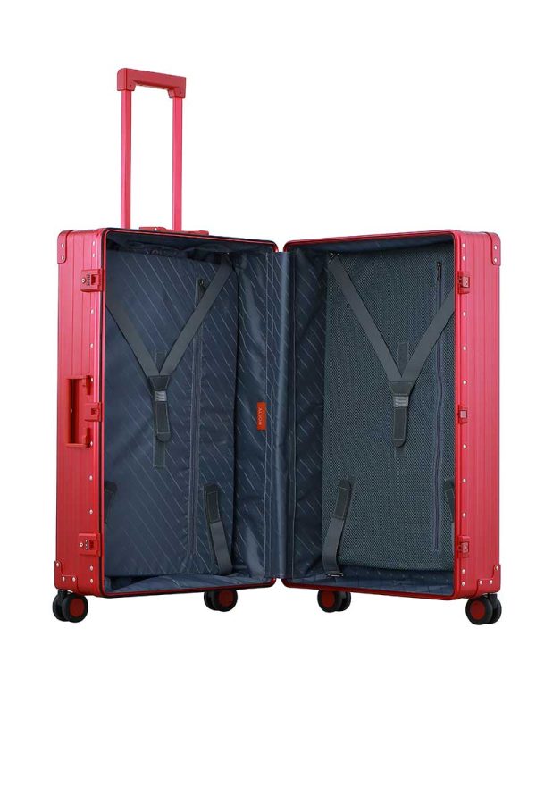 Ruby Red Aleon checked luggage interior view with dual dividers for organized packing.