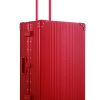 Ruby Red Aleon aluminum checked luggage angled side profile showcasing full case design
