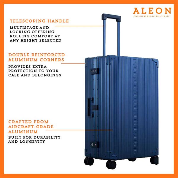 ALEON blue sapphire Macro Traveler Checked Case in brushed aluminum finish, standing upright with reinforced corners and dual lock latches, showcasing its sleek and durable design