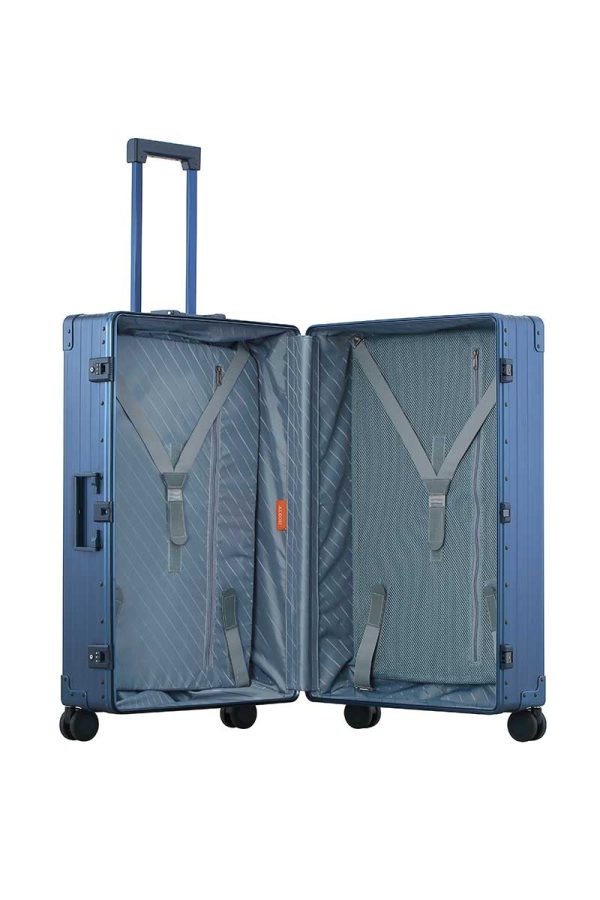 Sapphire Blue Aleon checked 30 inch luggage interior view with dual dividers for organized packing