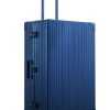 Sapphire Blue Aleon aluminum checked 30 in luggage angled side profile showcasing full case design
