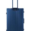 Back view of Sapphire Blue Aleon aluminum checked 30" luggage highlighting its high fashion