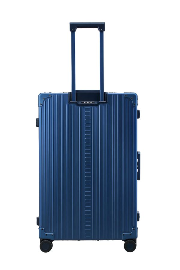 Back view of Sapphire Blue Aleon aluminum checked 30" luggage highlighting its high fashion