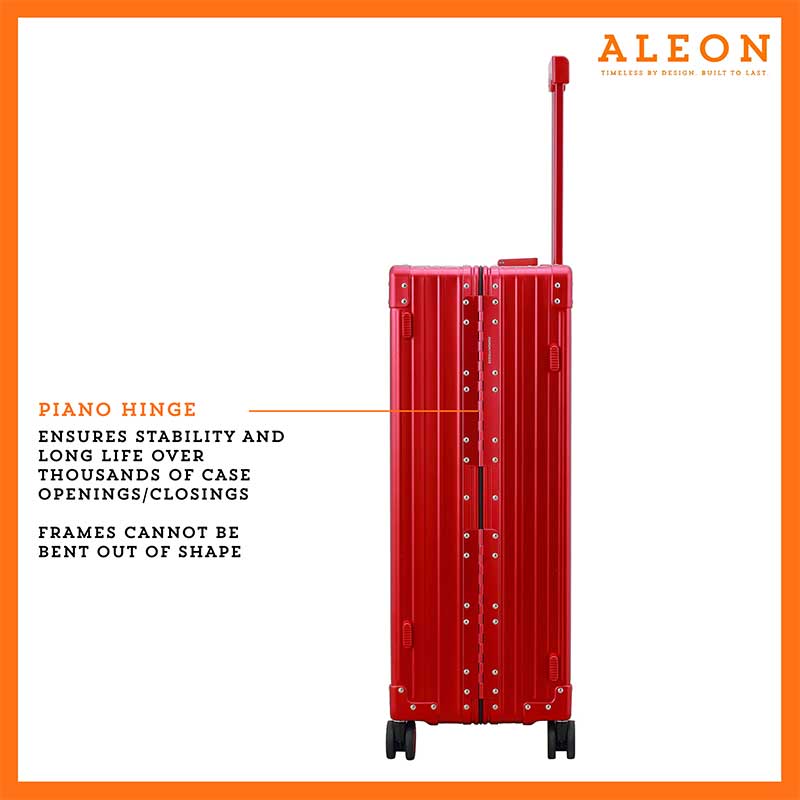 3055-ru-B0755FJV24-HINGE-1-(1) Detailed close-up of the red ruby ALEON Macro Traveler Checked Case’s piano hinges for unbeatable durabiliy