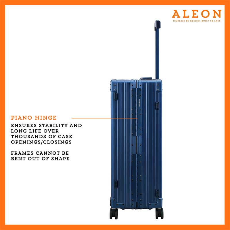 Detailed close-up of the ALEON Macro Traveler Checked Case’s piano hinges, highlighting its secure and travel-friendly design.