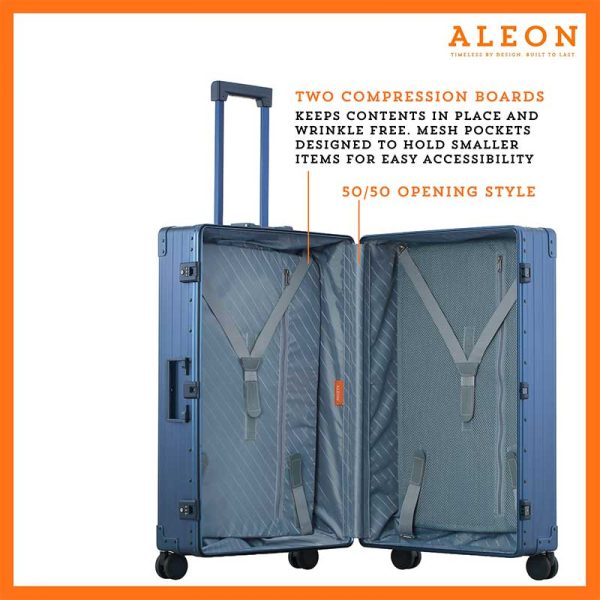 ALEON Macro Traveler Checked Case open to reveal organized interior with compression straps and a zippered divider, ensuring secure storage for travel essentials