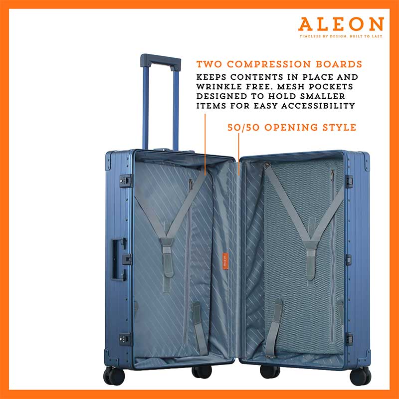ALEON Macro Traveler Checked Case open to reveal organized interior with compression straps and a zippered divider, ensuring secure storage for travel essentials