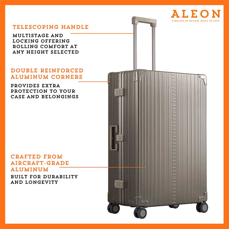 3255-BR-B07RBZBY71-side-1-(1) The ALEON 32″ bronze Macro Plus glides smoothly through an airport terminal, its high-performance wheels designed for quiet and stable movement. The ergonomic telescoping handle ensures comfortable handling, even in bustling travel environments.