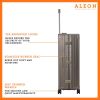The Bronze ALEON 32″ Macro Plus Traveler Large Check-In, crafted from aircraft-grade aluminum, stands upright on a pristine hotel lobby floor. Its hard-shell design, reinforced corners, and TSA-approved locks emphasize security and durability for long-haul journeys.