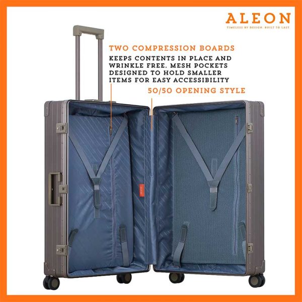 An open ALEON 32″ Macro Plus reveals its meticulously organized interior, featuring compression panels and deep compartments that optimize space. Secure straps keep belongings neatly in place, making it ideal for extended trips.